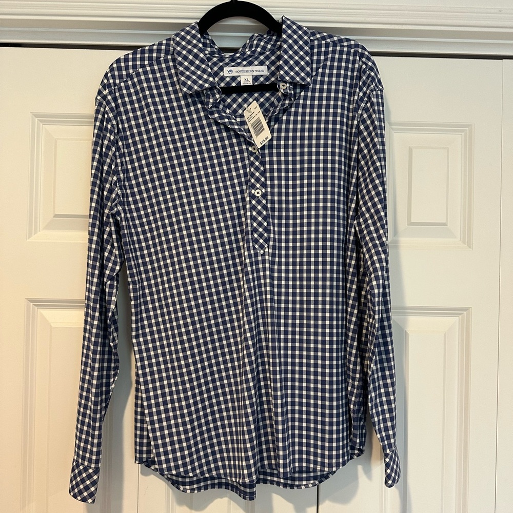 Southern Tide Navy and White Gingham Men's Shirt
